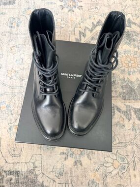 Saint Laurent Black Leather Lace-Up Military Boots